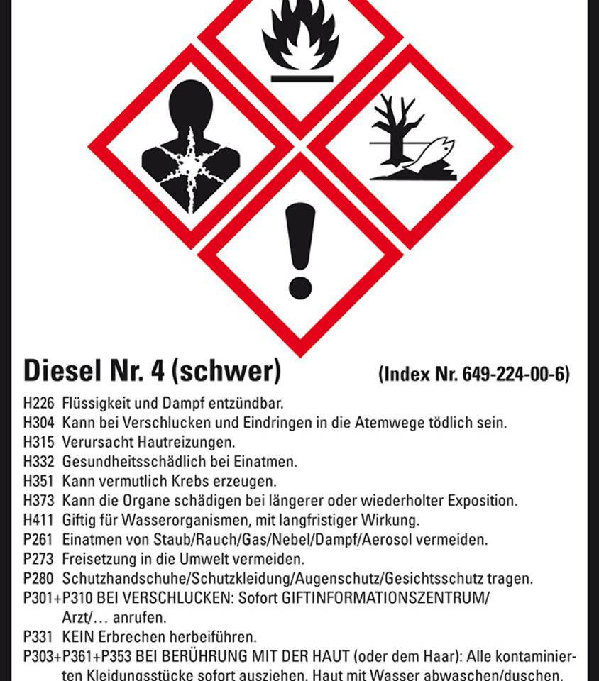 Gefahrstoffetikett Diesel schwer, GefStoffV/GHS/CLP, Folie, 52x74mm, 10/Bogen