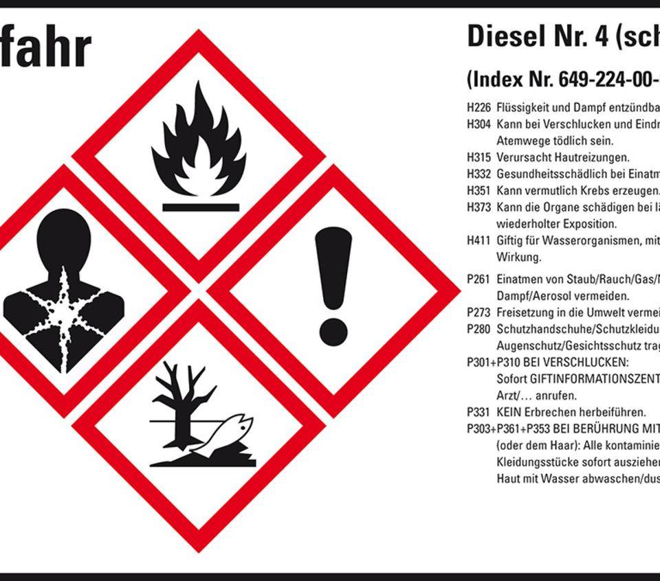 Gefahrstoffetikett Diesel schwer, GefStoffV/GHS/CLP, Folie, 105x74mm, 8/Bogen