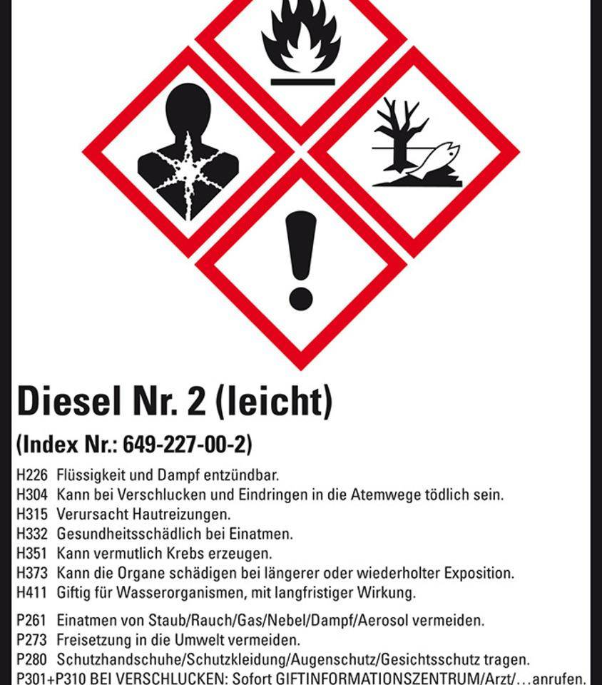 Gefahrstoffetikett Diesel No.2, GefStoffV/GHS/CLP, Folie, 52x74mm, 10/Bogen