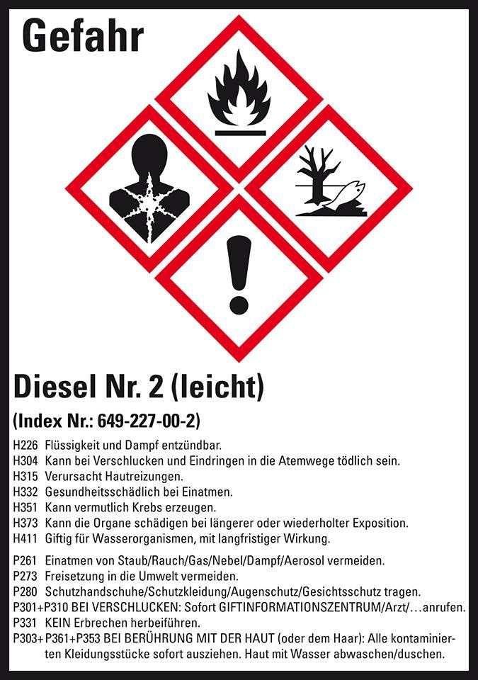 Gefahrstoffetikett Diesel No.2, GefStoffV/GHS/CLP, Folie, 52x74mm, 10/Bogen