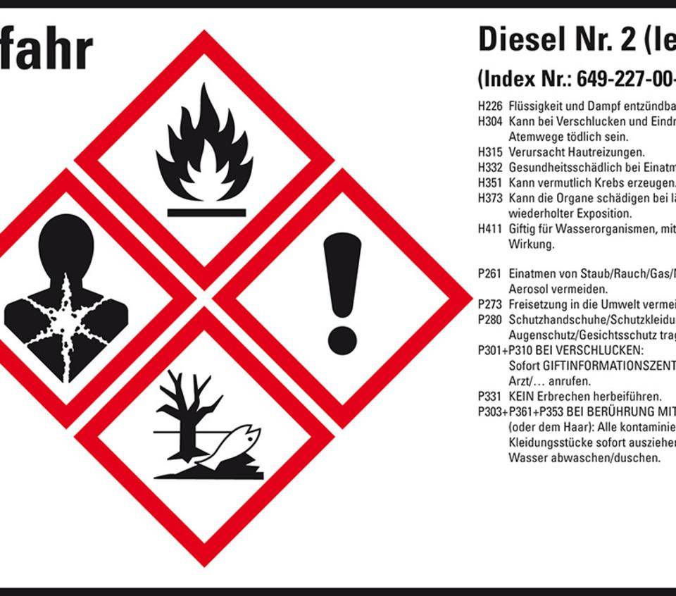 Gefahrstoffetikett Diesel No.2, GefStoffV/GHS/CLP, Folie, 148x105mm, 4/Bogen