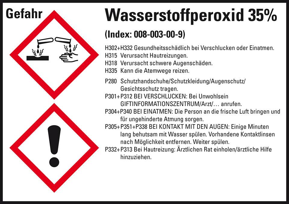 GHS-Etikett Wasserstoffperoxid 35%, GefStoffV/GHS/CLP, Folie, 148x105mm, 4/Bogen