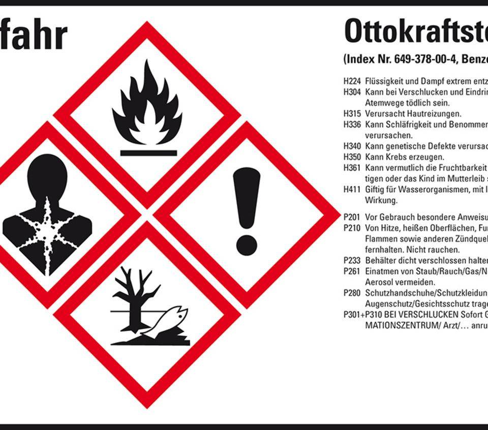 GHS-Etikett Ottokraftstoff, GefStoffV/GHS/CLP, Folie, 105x74mm, 8/Bogen