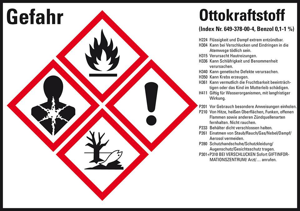 GHS-Etikett Ottokraftstoff, GefStoffV/GHS/CLP, Folie, 148x105mm, 4/Bogen