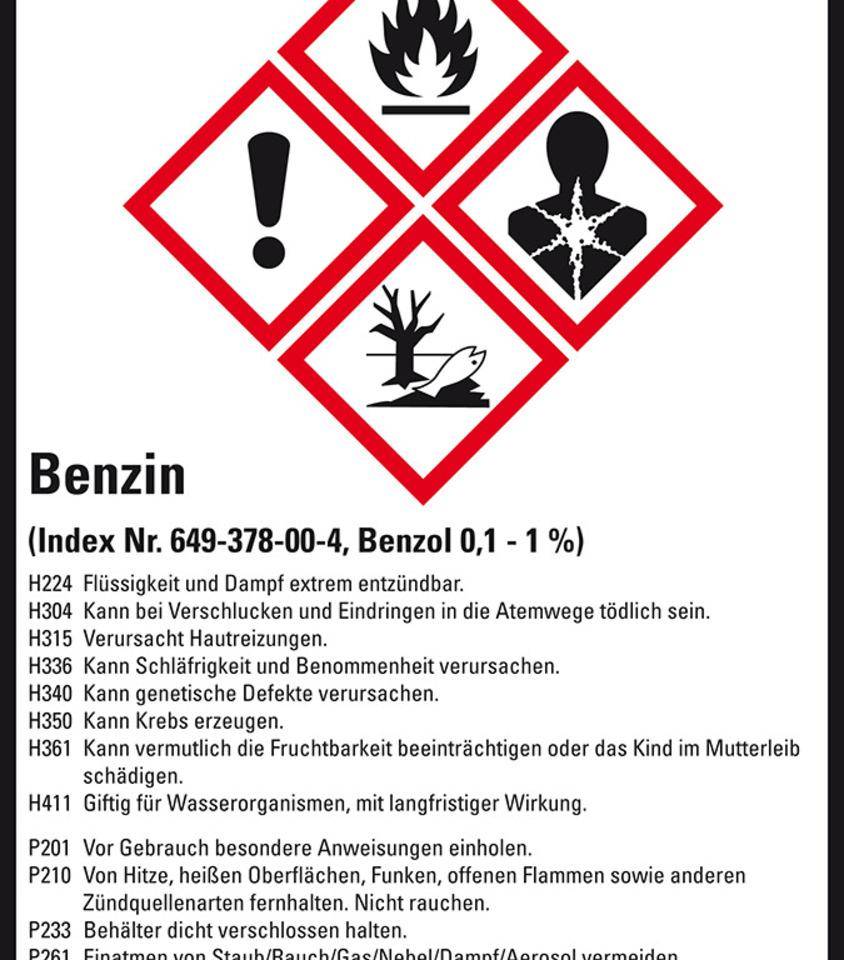 Gefahrstoffetikett Benzin, GefStoffV/GHS/CLP, Folie, 52x74mm, 10/Bogen