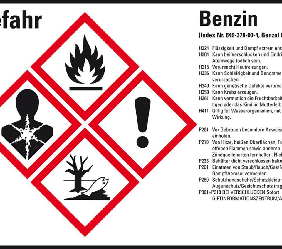 Gefahrstoffetikett Benzin, GefStoffV/GHS/CLP, Folie, 148x105mm, 4/Bogen