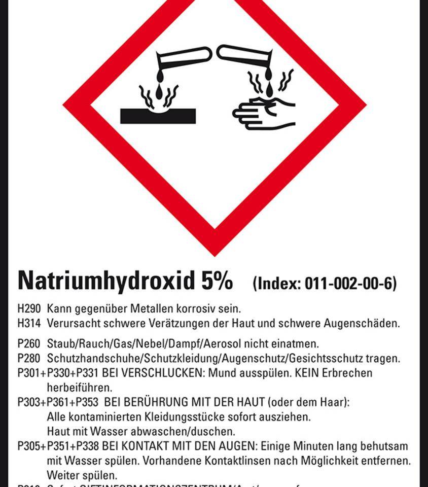 GHS-Etikett Natriumhydroxid 5%, GefStoffV/GHS/CLP, Folie, 52x74mm, 10/Bogen