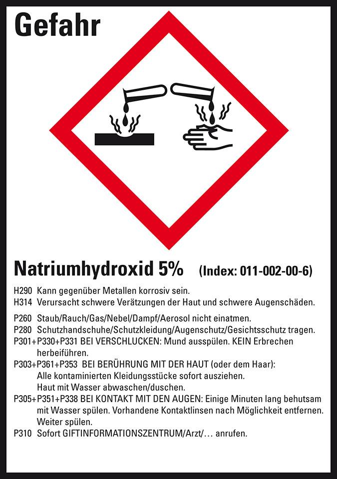 GHS-Etikett Natriumhydroxid 5%, GefStoffV/GHS/CLP, Folie, 52x74mm, 10/Bogen