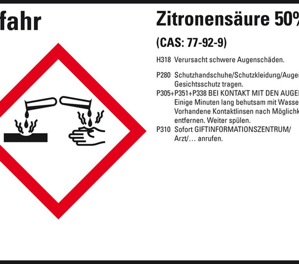 GHS-Etikett Zitronensäure 50%, GefStoffV/GHS/CLP, Folie, 105x74mm, 8/Bogen