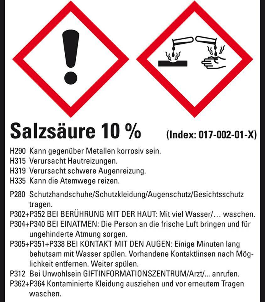 GHS-Etikett Salzsäure 10%, GefStoffV/GHS/CLP, Folie, 52x74mm, 10/Bogen