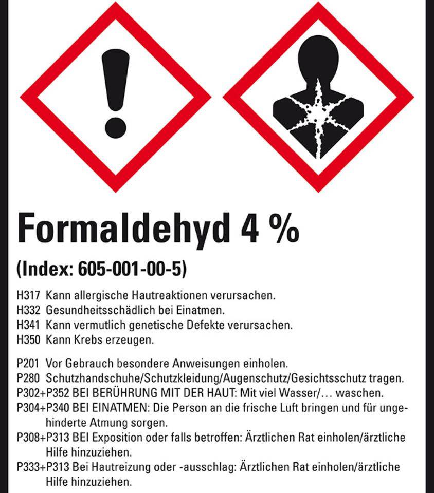 GHS-Etikett Formaldehyd 4%, GefStoffV/GHS/CLP, Folie, 52x74mm, 10/Bogen