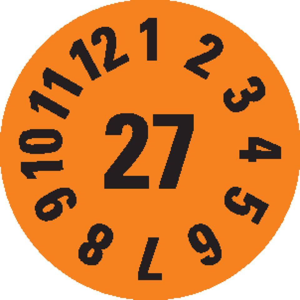 Prüfplakette 27, orange, Dokumentenfolie, selbstklebend, Ø 8mm, 180/Bogen