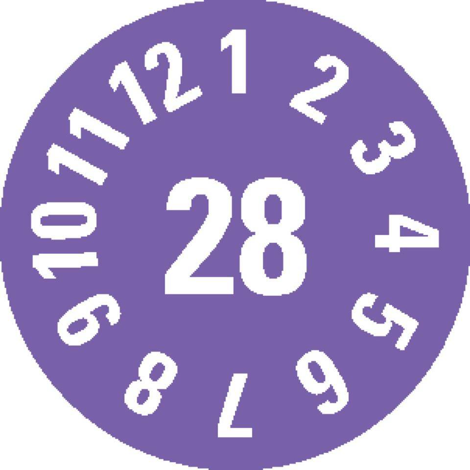 Prüfplakette 28, violett, Dokumentenfolie, selbstklebend, Ø 8mm,360/Heft