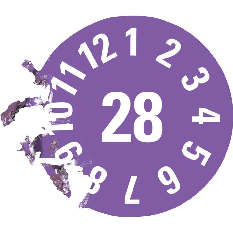 Prüfplakette 28, violett, Dokumentenfolie, selbstklebend, Ø 8mm,360/Heft