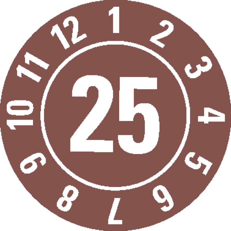 Jahresprüfplakette 25, braun, Folie, ablösbar, Ø 20mm, 500/Rolle