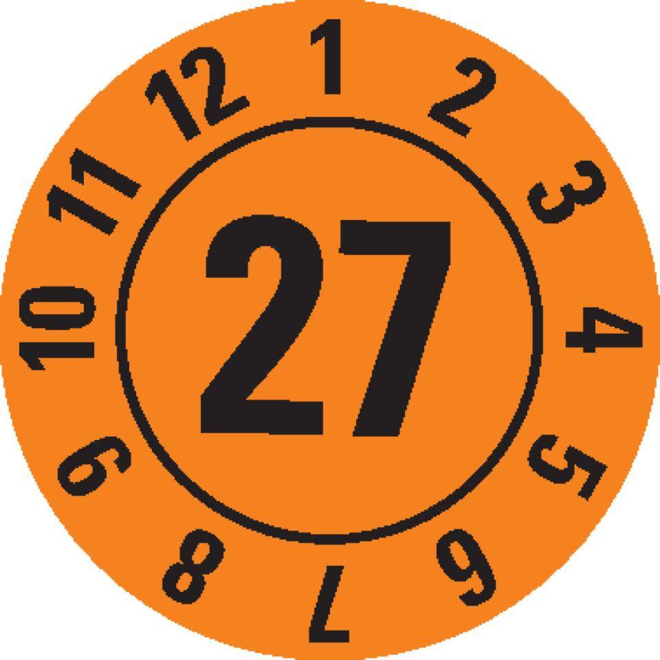 Prüfplakette 27, orange, Dokumentenfolie, selbstklebend, Ø 10mm,384/Heft