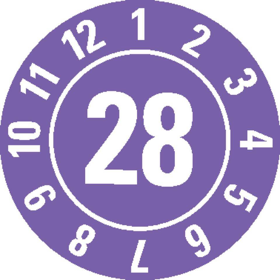 Prüfplakette 28, violett, Dokumentenfolie, selbstklebend, Ø 10mm, 384/Heft