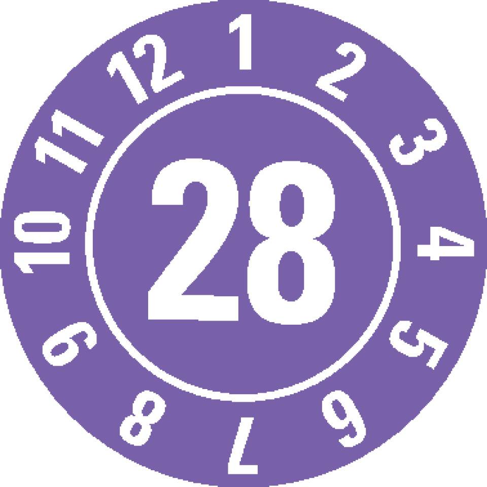 Jahresprüfplakette 28, violett, Folie, ablösbar, Ø 20mm, 500/Rolle