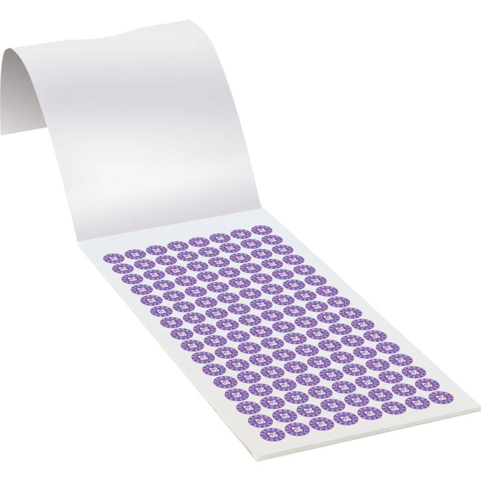 Prüfplakette 28, violett, Dokumentenfolie, selbstklebend, Ø 10mm, 384/Heft