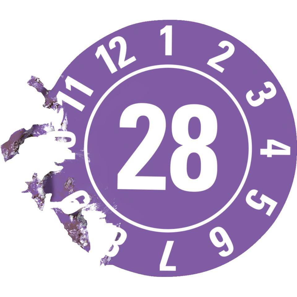 Prüfplakette 28, violett, Dokumentenfolie, selbstklebend, Ø 10mm, 384/Heft