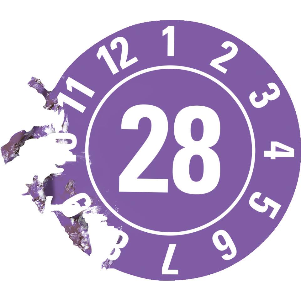 Prüfplakette 28, violett, Dokumentenfolie, Spezialkleber, Ø 10mm, 128/Bogen