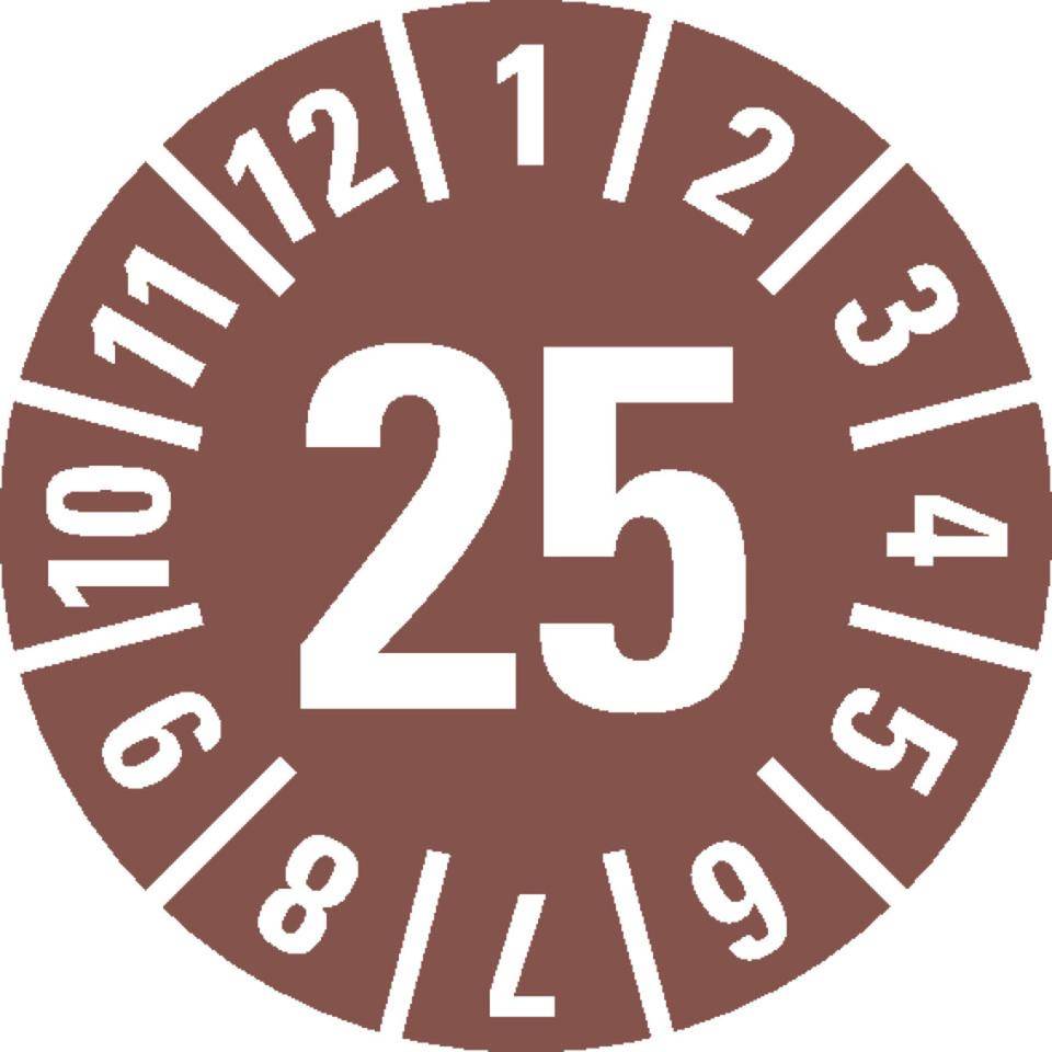 Prüfplakette 25, braun, Folie, ablösbar, Ø 35mm, 500/Rolle