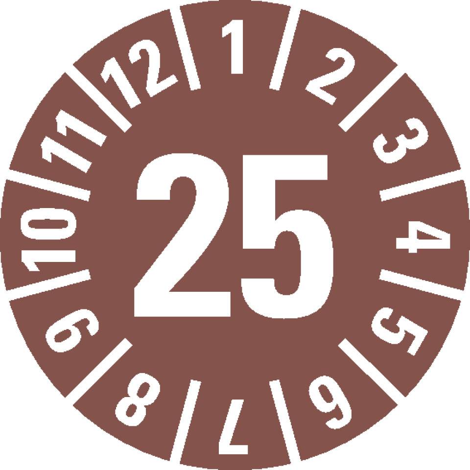 Prüfplakette 25, braun, Folie, ablösbar, Ø 35mm, 10/Bogen