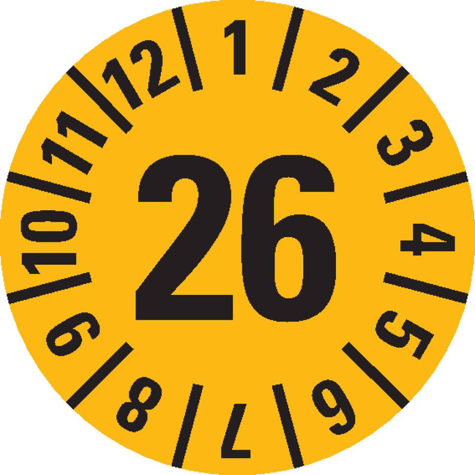Prüfplakette 26, gelb, Dokumentenfolie, selbstklebend, Ø 35mm, 10/Bogen
