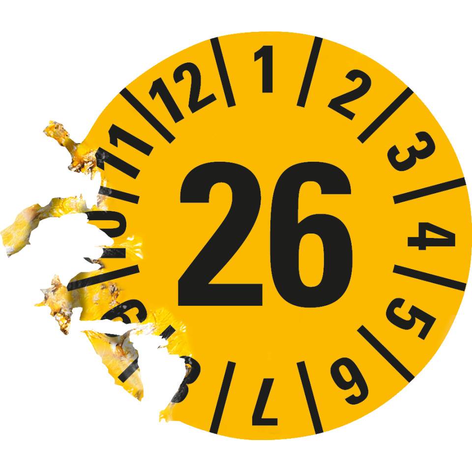 Prüfplakette 26, gelb, Dokumentenfolie, selbstklebend, Ø 35mm, 10/Bogen