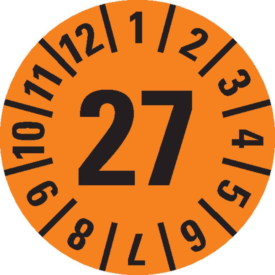 Prüfplakette 27, orange, Folie, ablösbar, Ø 15mm, 60/Bogen