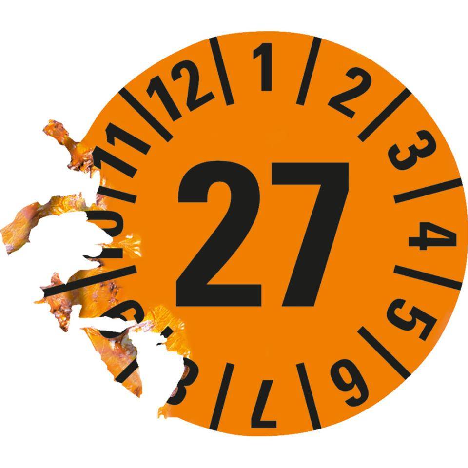 Prüfplakette 27, orange, Dokumentenfolie, selbstklebend, Ø 35mm,60/Heft