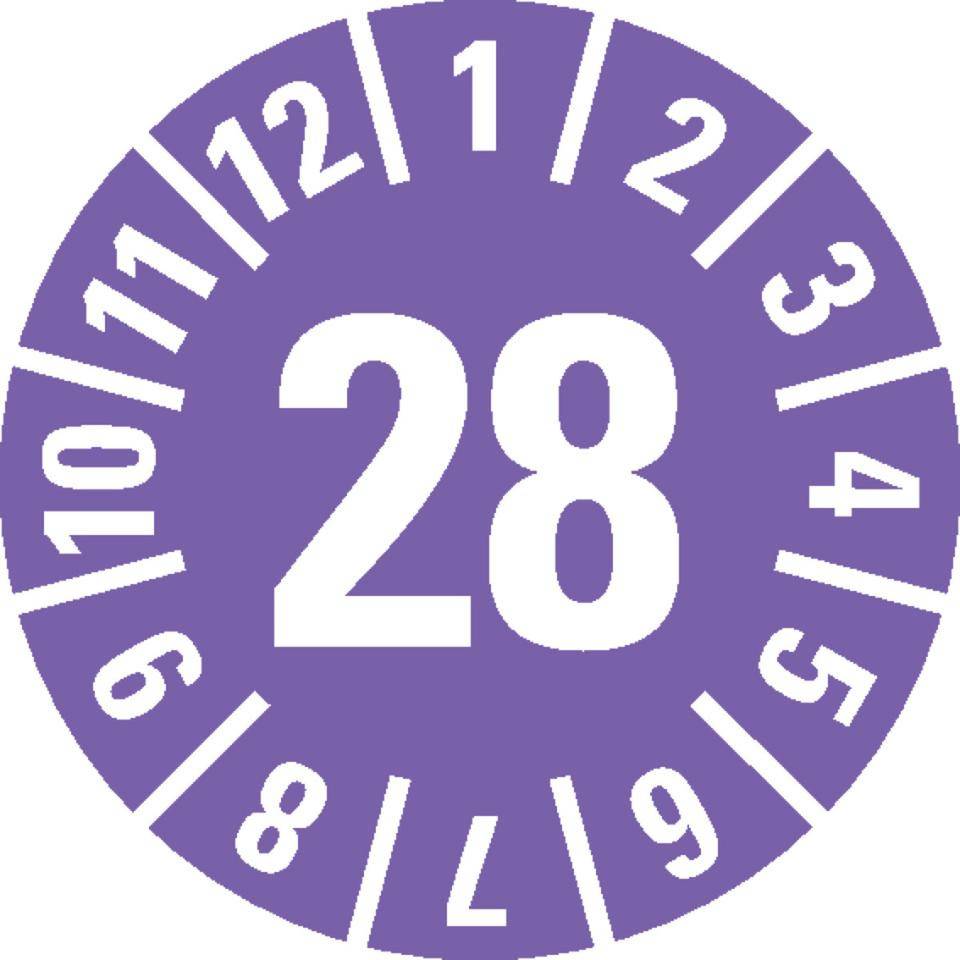 Jahresprüfplakette 28, violett, Folie, ablösbar, Ø 30mm, 500/Rolle