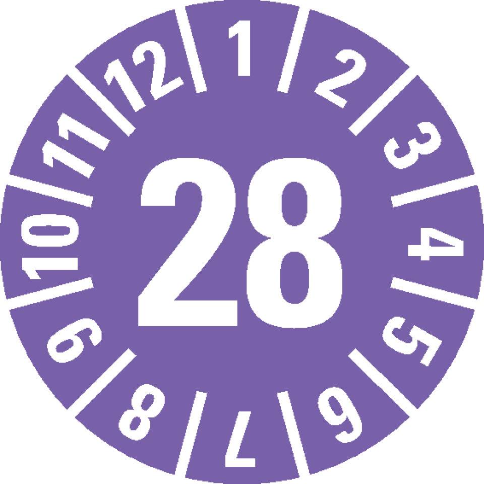 Prüfplakette 28, violett, Dokumentenfolie mit Spezialkleber, Ø 15mm, 60/Bogen