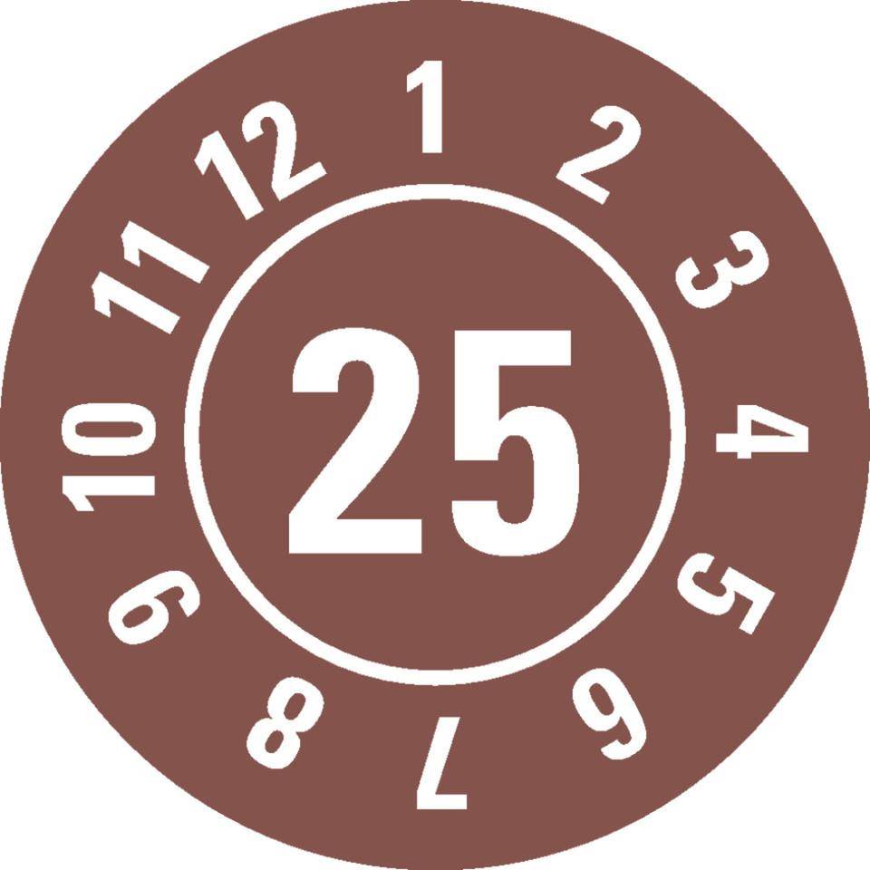 Prüfplakette 25, braun, Dokumentenfolie, selbstklebend, Ø 25mm, 500/Rolle