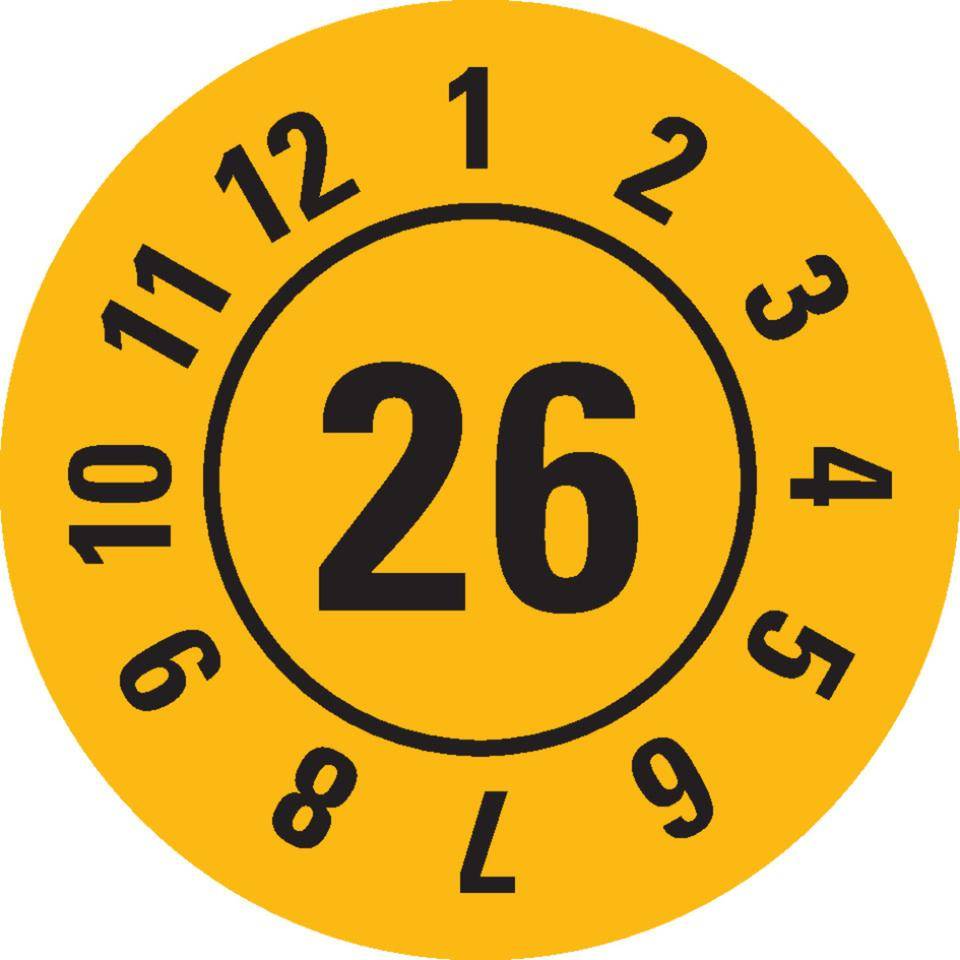 Prüfplakette 26, gelb, Folie, ablösbar, Ø 25mm, 105/Heft