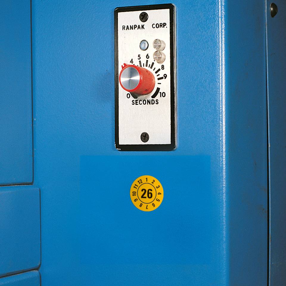 Prüfplakette 26, gelb, Dokumentenfolie mit Spezialkleber, Ø25mm, 21/Bogen