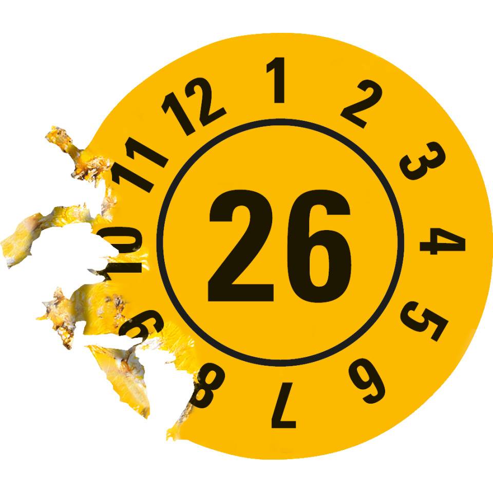 Prüfplakette 26, gelb, Dokumentenfolie mit Spezialkleber, Ø25mm, 21/Bogen