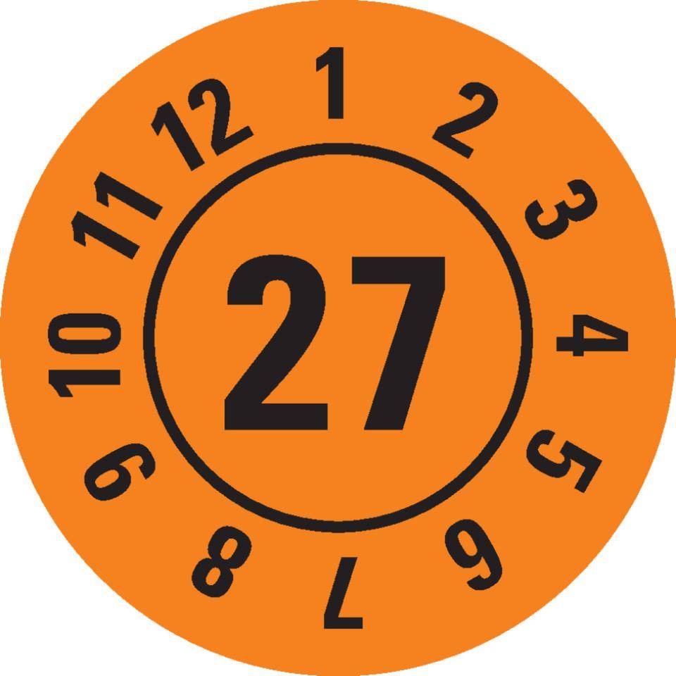 Prüfplakette 27, orange, Folie, ablösbar, Ø 25mm, 500/Rolle