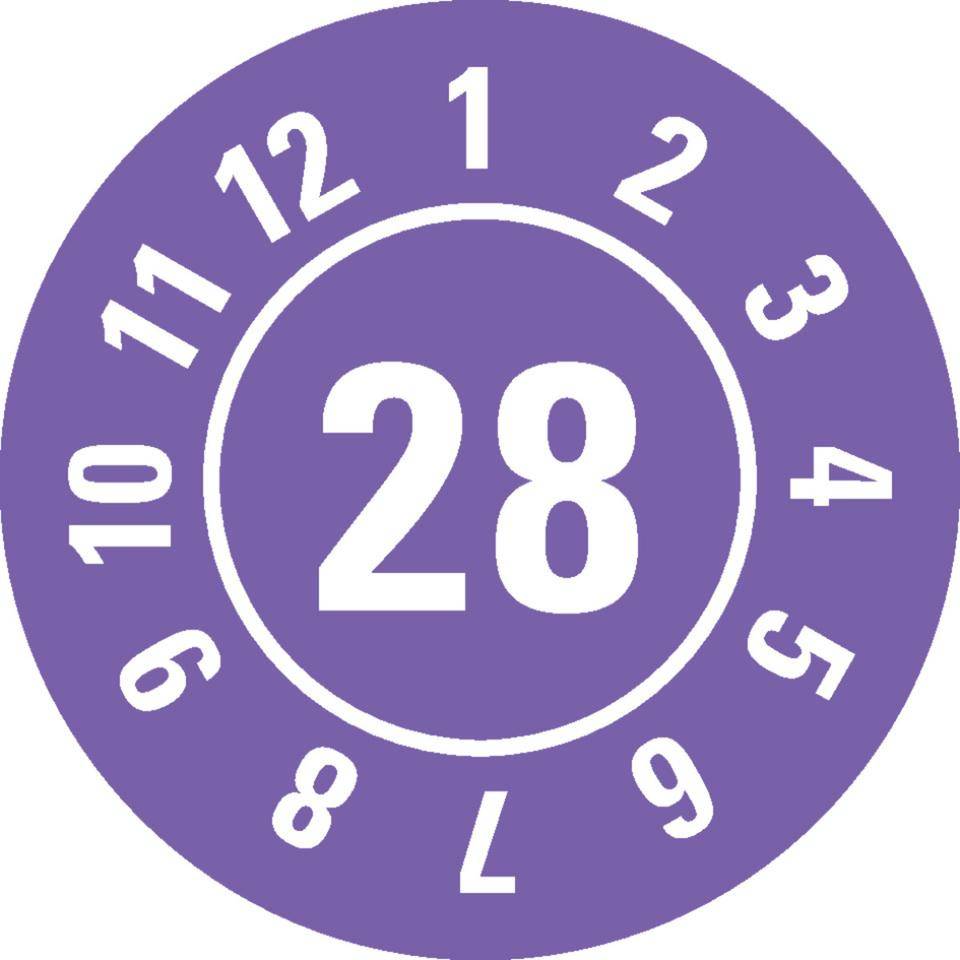Prüfplakette 28, violett, Dokumentenfolie, selbstklebend, Ø 25mm, 500/Rolle