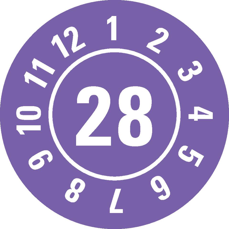 Prüfplakette 28, violett, Folie, ablösbar, Ø 25mm, 21/Bogen