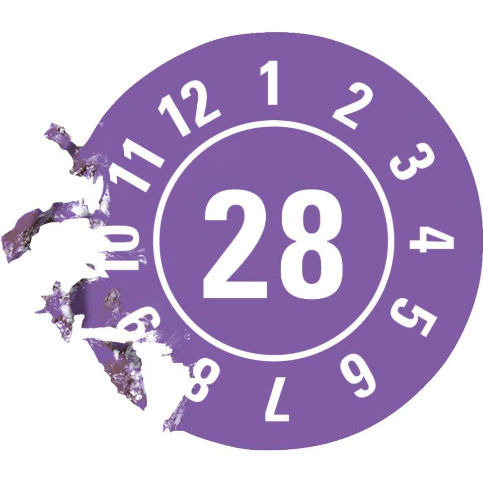 Prüfplakette 28, violett, Dokumentenfolie mit Spezialkleber, Ø25mm, 21/Bogen
