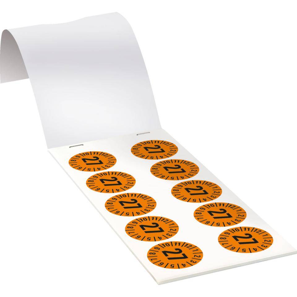 Prüfplakette 27, orange, Dokumentenfolie, selbstklebend, Ø 35mm,60/Heft
