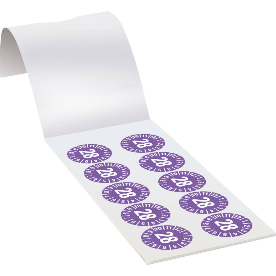 Prüfplakette 28, violett, Dokumentenfolie, selbstklebend, Ø 35mm, 60/Heft