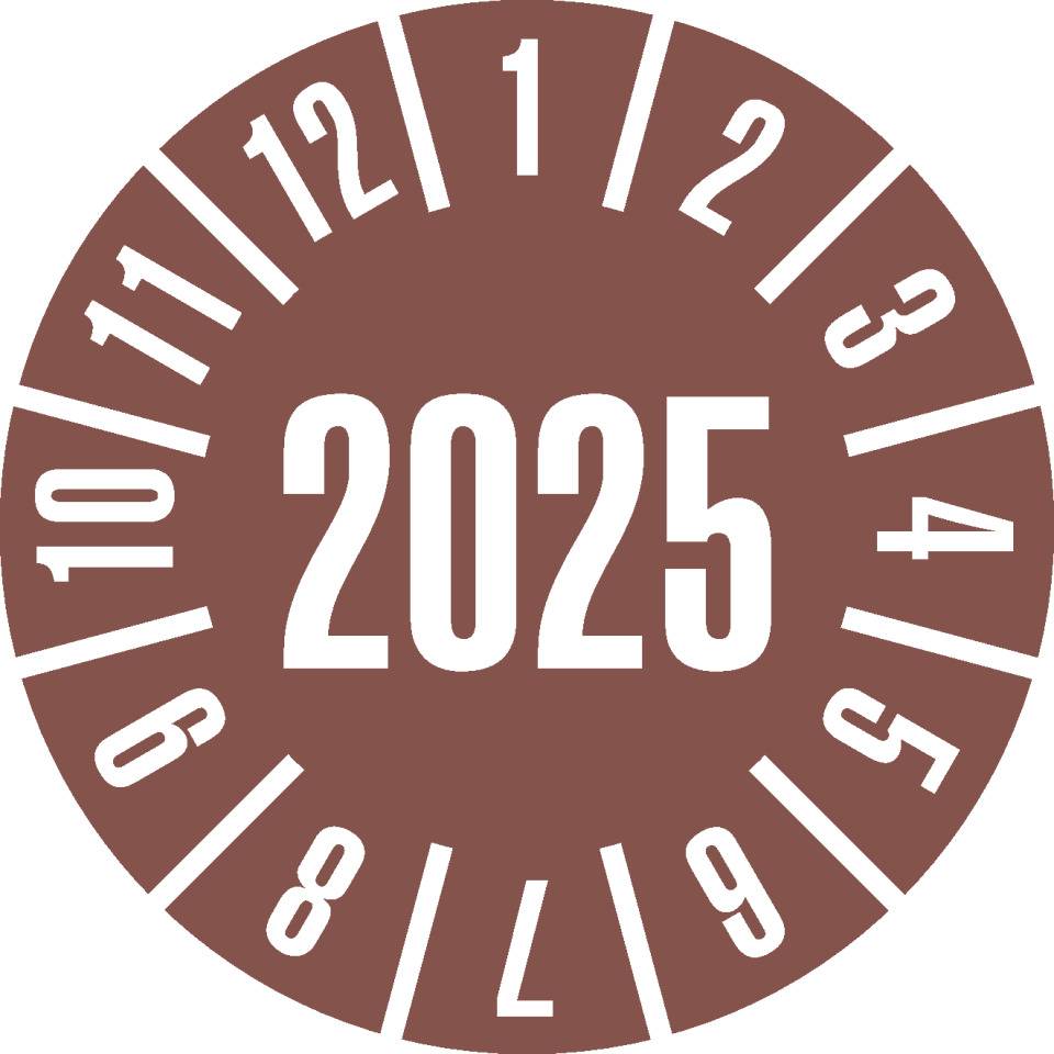 Prüfplakette 2025, braun, Folie, ablösbar, Ø 30mm, 108/Heft