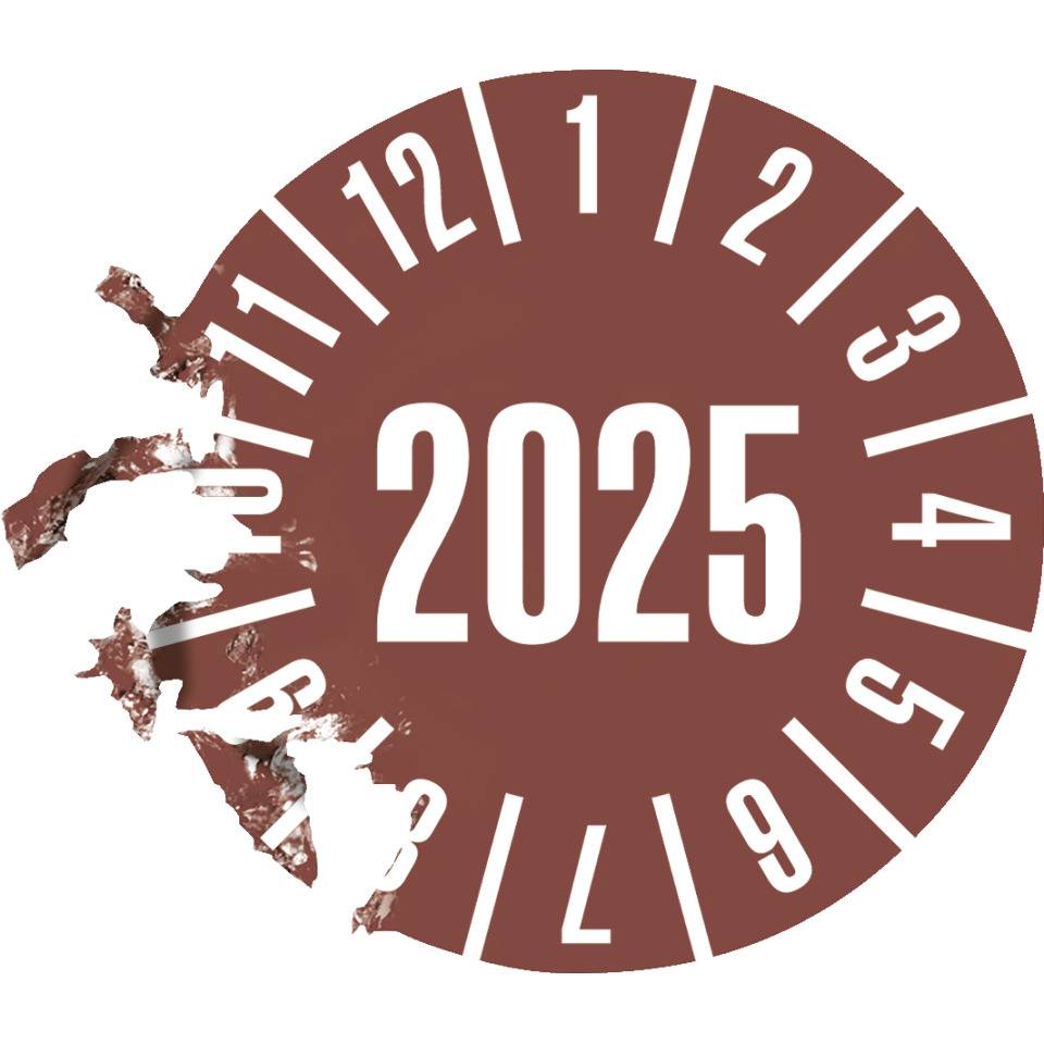 Prüfplakette 2025, braun, Dokumentenfolie, selbstklebend, Ø 25mm, 500/Rolle