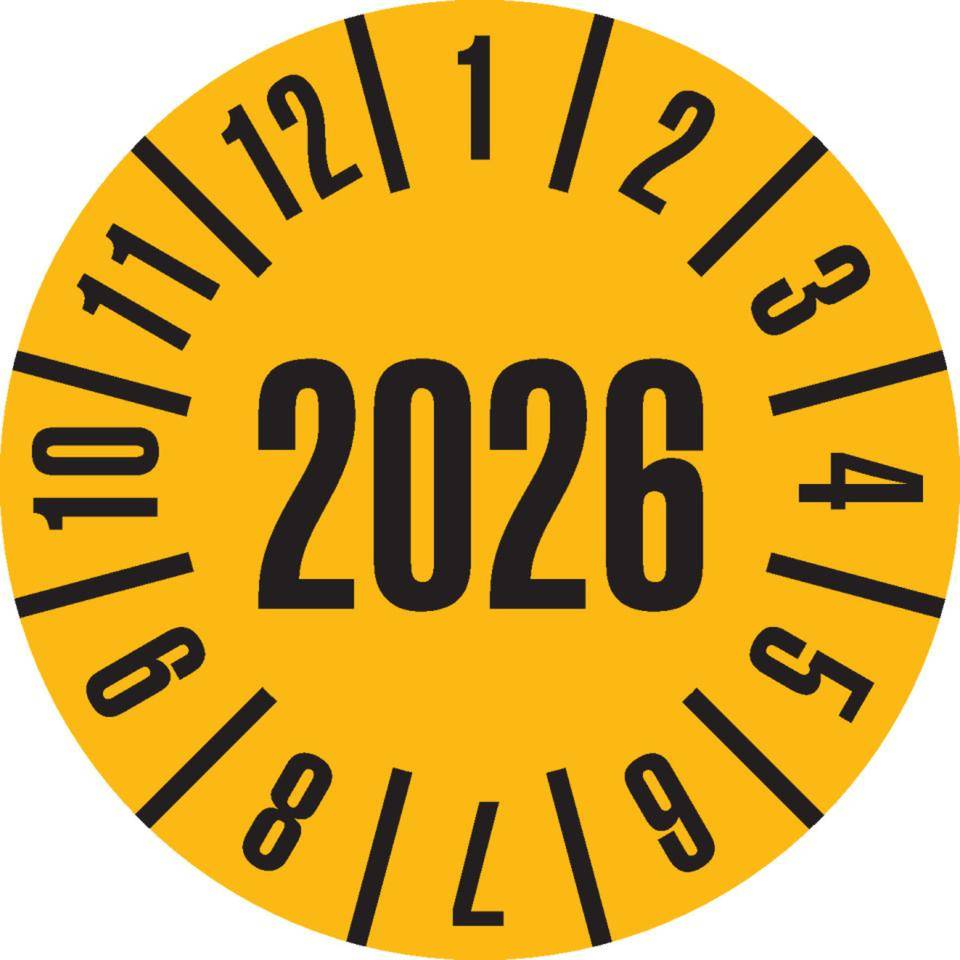 Prüfplakette 2026, gelb, Dokumentenfolie, selbstklebend, Ø 20mm, 500/Rolle
