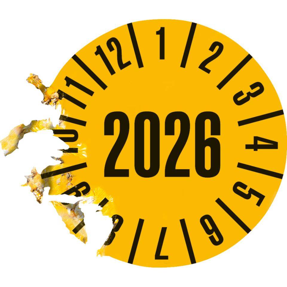Prüfplakette 2026, gelb, Dokumentenfolie, selbstklebend, Ø 35mm,60/Heft