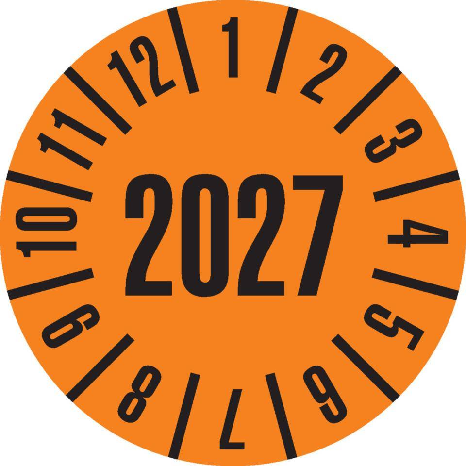 Prüfplakette 2027, orange, Folie, ablösbar, Ø 25mm, 21/Bogen