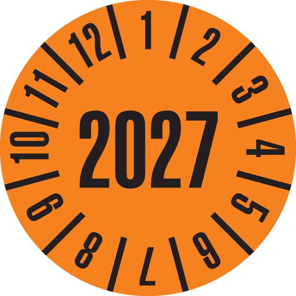 Prüfplakette 2027, orange, Dokumentenfolie, selbstklebend, Ø 25mm, 105/Heft
