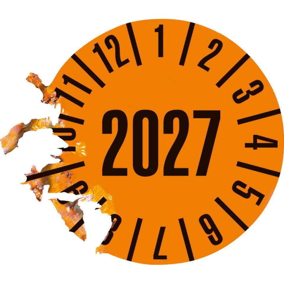 Prüfplakette 2027, orange, Dokumentenfolie, Spezialkleber, Ø 20mm, 36/Bogen